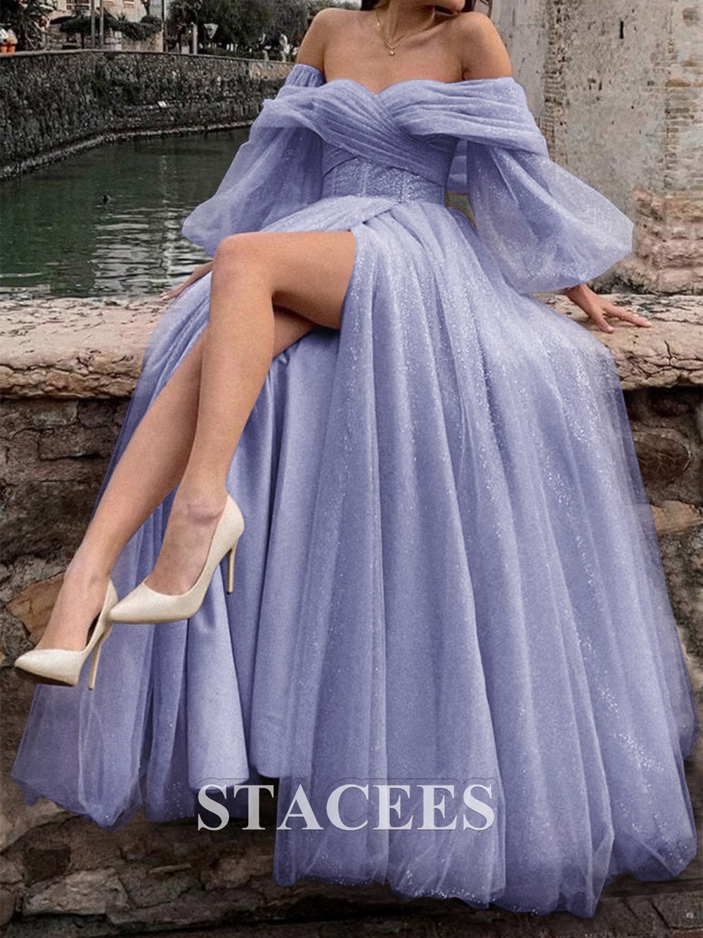 Prom/FormalPrincess Sweep Train Tulle Prom Dress With Pleated Split
